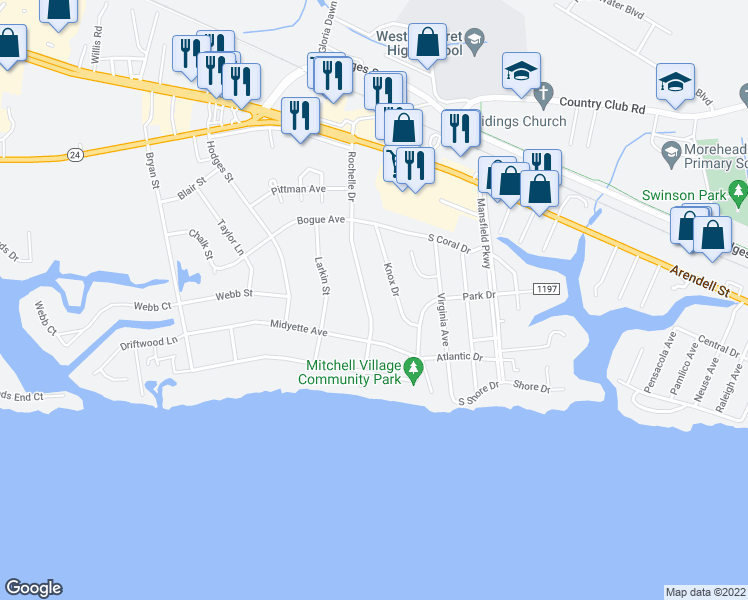 map of restaurants, bars, coffee shops, grocery stores, and more near 217 Rochelle Drive in Morehead City