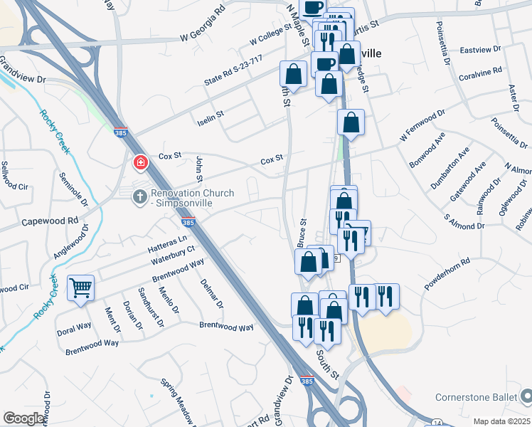 map of restaurants, bars, coffee shops, grocery stores, and more near 100 Garden District Drive in Simpsonville