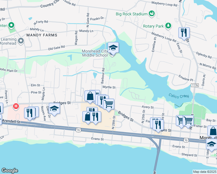 map of restaurants, bars, coffee shops, grocery stores, and more near 300 Church Street in Morehead City