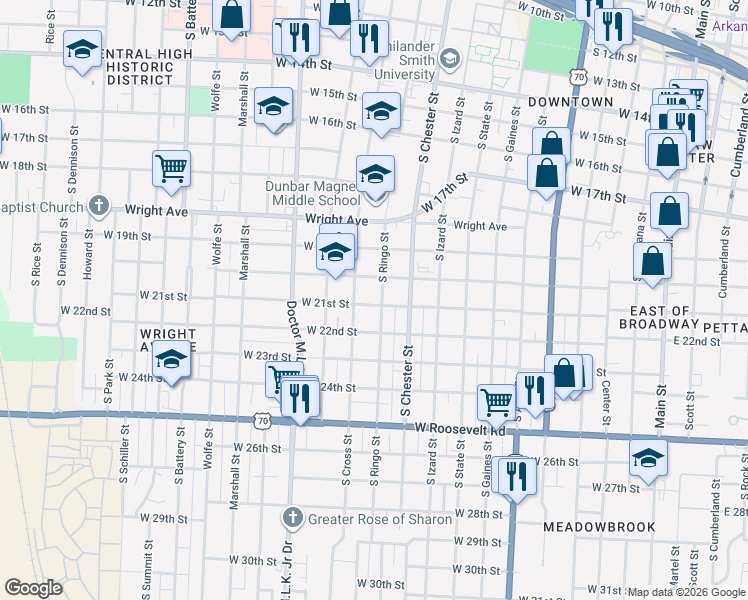 map of restaurants, bars, coffee shops, grocery stores, and more near 1101 West 20th Street in North Little Rock