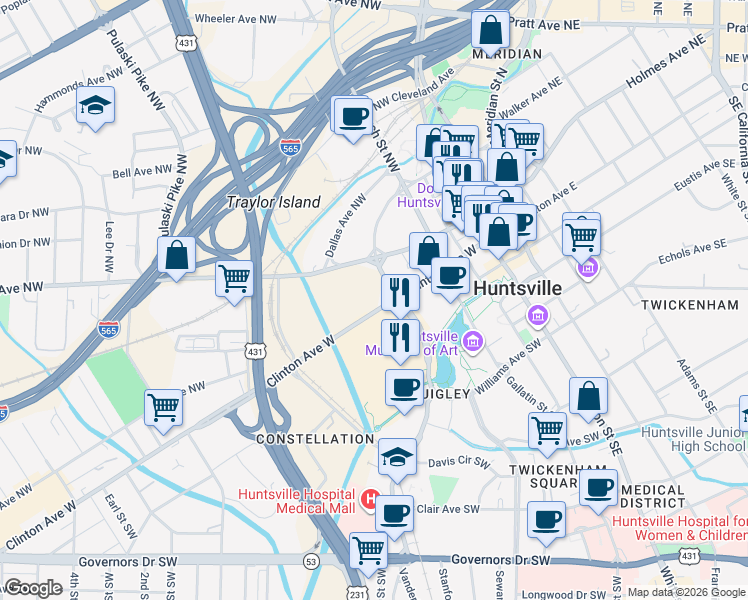 map of restaurants, bars, coffee shops, grocery stores, and more near 514 Clinton Avenue West in Huntsville