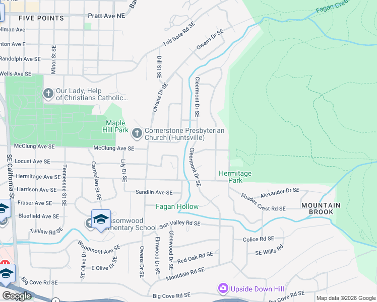 map of restaurants, bars, coffee shops, grocery stores, and more near 812 Cleermont Drive Southeast in Huntsville