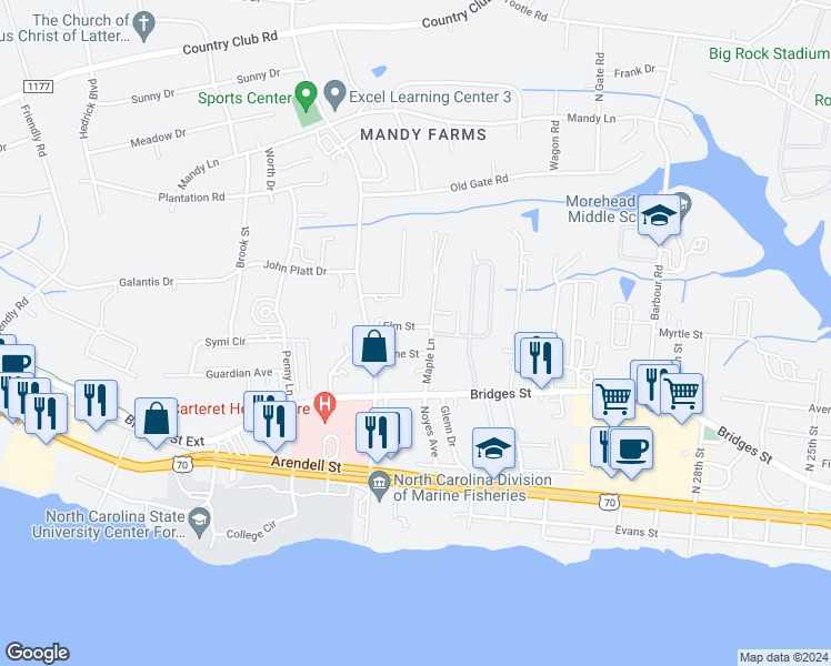 map of restaurants, bars, coffee shops, grocery stores, and more near 3403 Elm Street in Morehead City
