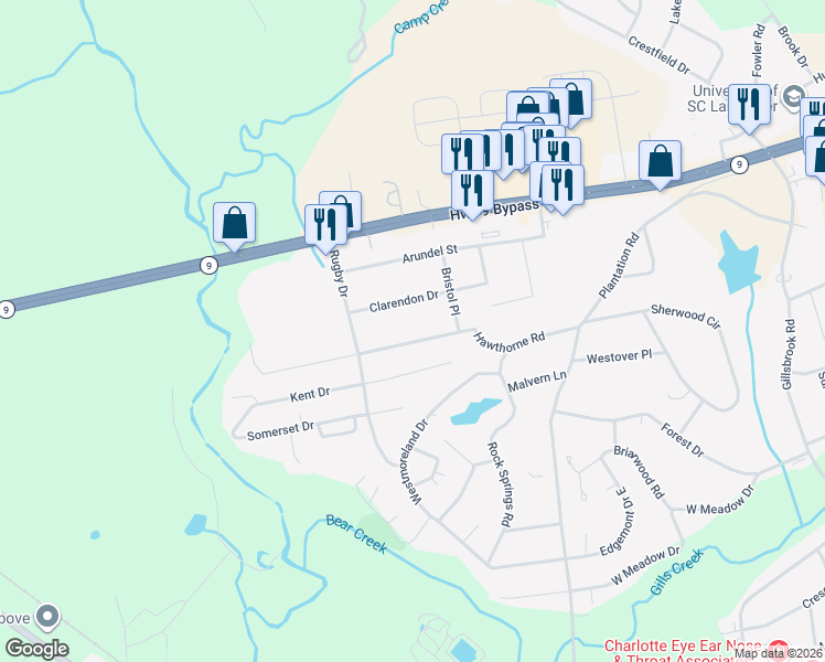 map of restaurants, bars, coffee shops, grocery stores, and more near 1214 Hawthorne Road in Lancaster