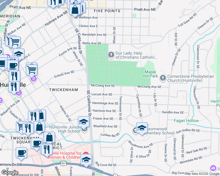 map of restaurants, bars, coffee shops, grocery stores, and more near 1106 McClung Avenue Southeast in Huntsville