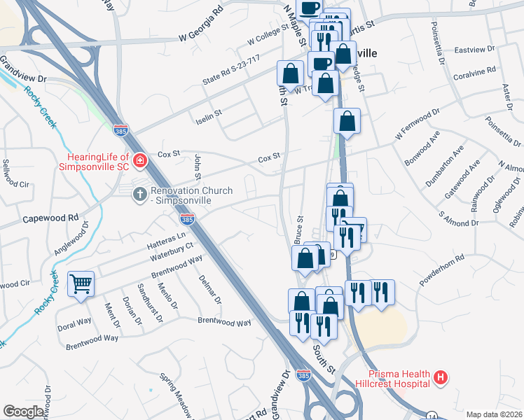 map of restaurants, bars, coffee shops, grocery stores, and more near 100 Garden District Drive in Simpsonville