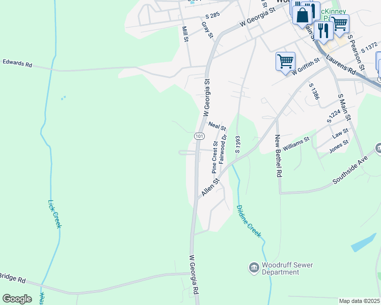 map of restaurants, bars, coffee shops, grocery stores, and more near 1024 West Georgia Road in Woodruff