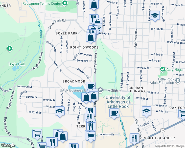 map of restaurants, bars, coffee shops, grocery stores, and more near 8 Woodcliff Circle in Little Rock