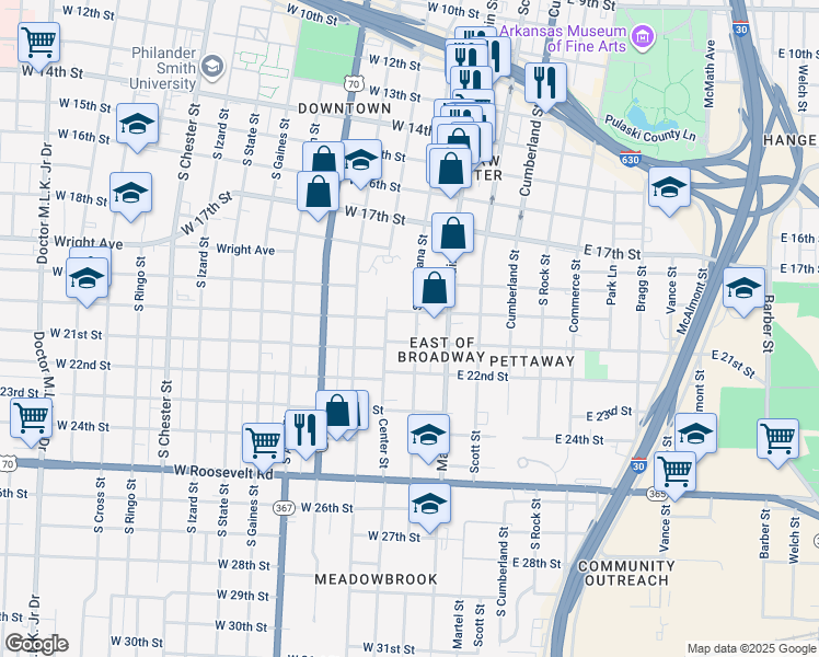 map of restaurants, bars, coffee shops, grocery stores, and more near in Little Rock