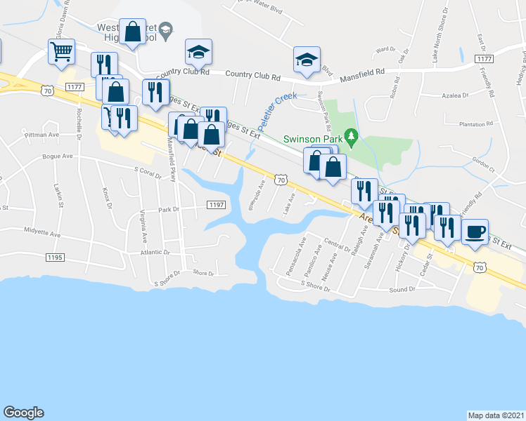 map of restaurants, bars, coffee shops, grocery stores, and more near 118 Bay View Avenue in Morehead City