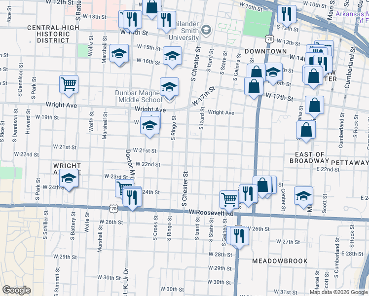 map of restaurants, bars, coffee shops, grocery stores, and more near 923 West 20th Street in North Little Rock
