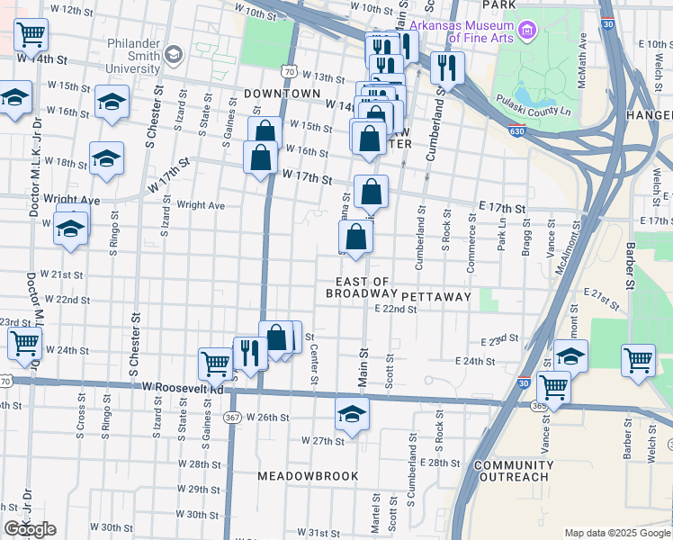 map of restaurants, bars, coffee shops, grocery stores, and more near in Little Rock