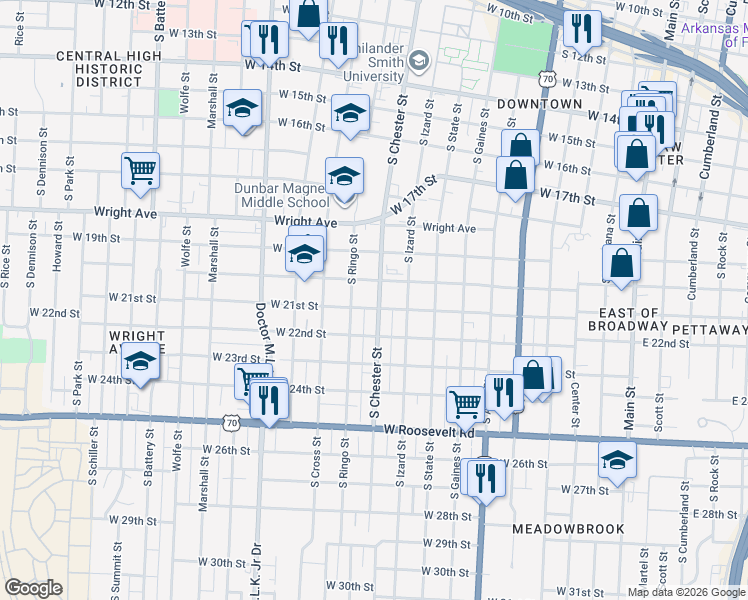 map of restaurants, bars, coffee shops, grocery stores, and more near 923 West 20th Street in North Little Rock