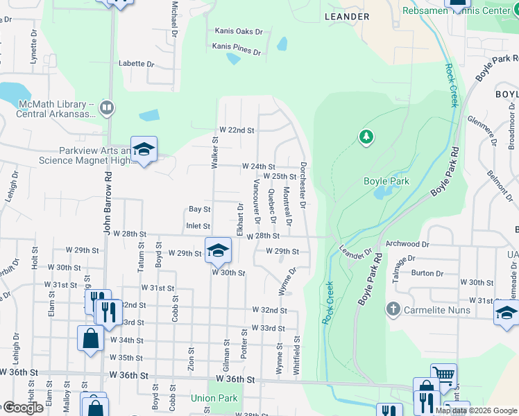 map of restaurants, bars, coffee shops, grocery stores, and more near 2601 Elkhart Drive in Little Rock