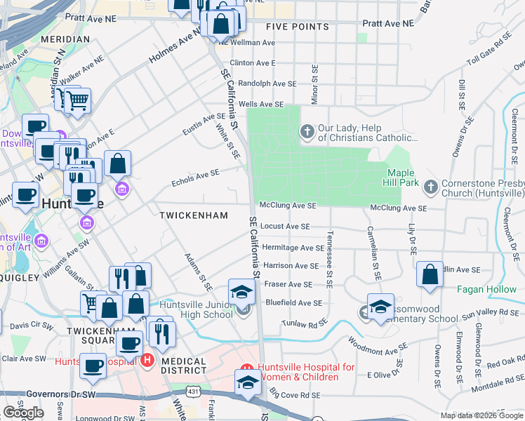 map of restaurants, bars, coffee shops, grocery stores, and more near 401 Southeast California Street in Huntsville