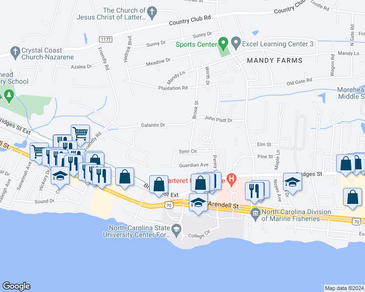 map of restaurants, bars, coffee shops, grocery stores, and more near 3806 Symi Circle in Morehead City