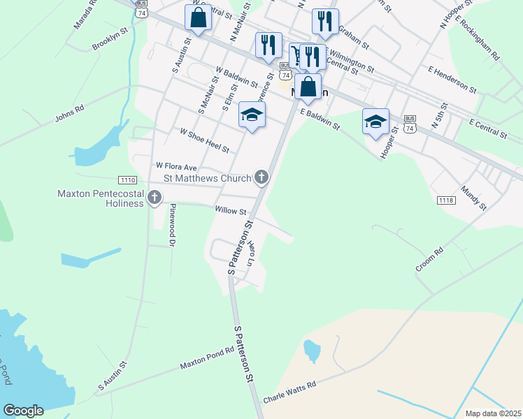 map of restaurants, bars, coffee shops, grocery stores, and more near 701 S Patterson St in Maxton