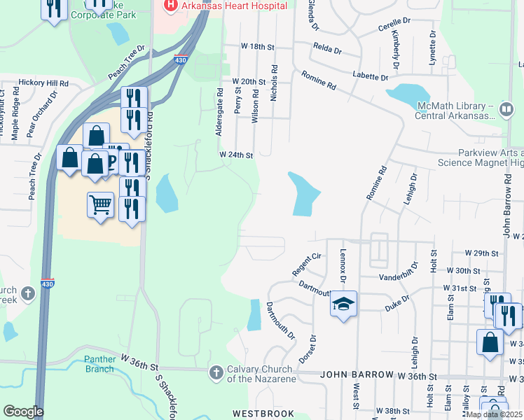 map of restaurants, bars, coffee shops, grocery stores, and more near 2701 Aldersgate Road in Little Rock