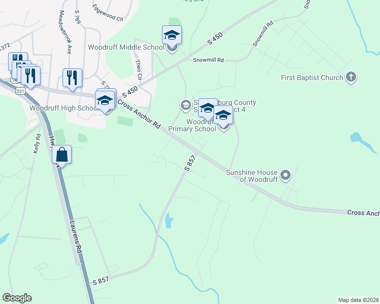 map of restaurants, bars, coffee shops, grocery stores, and more near 912 Cross Anchor Road in Woodruff