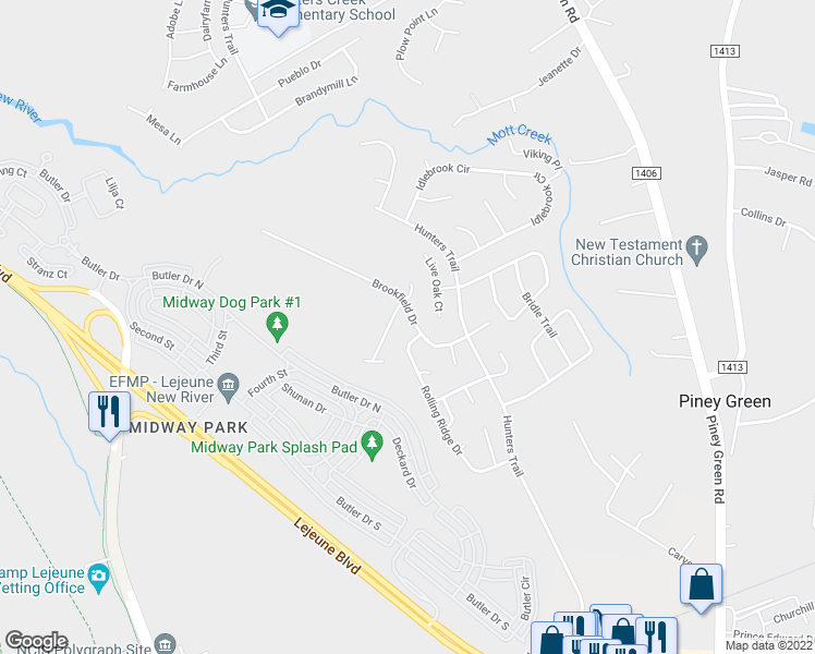 map of restaurants, bars, coffee shops, grocery stores, and more near 2733 Brookfield Drive in Piney Green