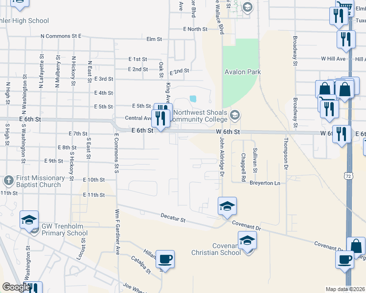map of restaurants, bars, coffee shops, grocery stores, and more near 201 Gann Boulevard in Tuscumbia