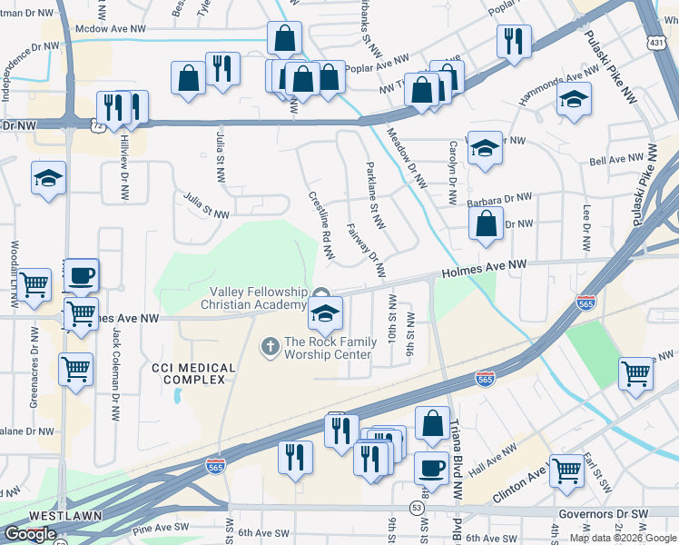 map of restaurants, bars, coffee shops, grocery stores, and more near 813 Crestline Rd NW in Huntsville