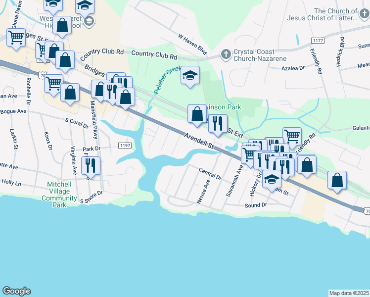 map of restaurants, bars, coffee shops, grocery stores, and more near 4425 Arendell Street in Morehead City