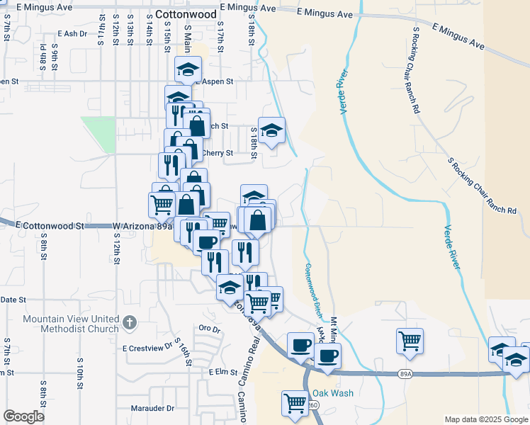 map of restaurants, bars, coffee shops, grocery stores, and more near 563 South Sawmill Gardens Drive in Cottonwood