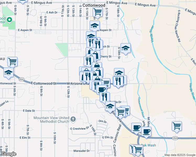 map of restaurants, bars, coffee shops, grocery stores, and more near 537-539 South Main Street in Cottonwood