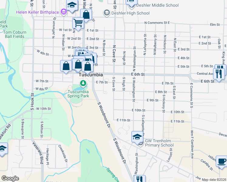 map of restaurants, bars, coffee shops, grocery stores, and more near 401 East 8th Street in Tuscumbia