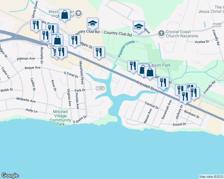 map of restaurants, bars, coffee shops, grocery stores, and more near 112 Riverside Avenue in Morehead City
