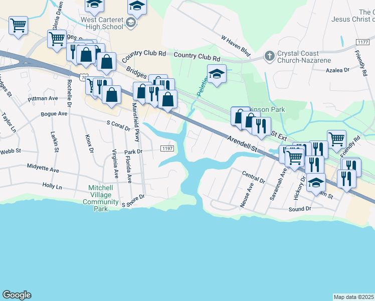 map of restaurants, bars, coffee shops, grocery stores, and more near 112 Riverside Avenue in Morehead City