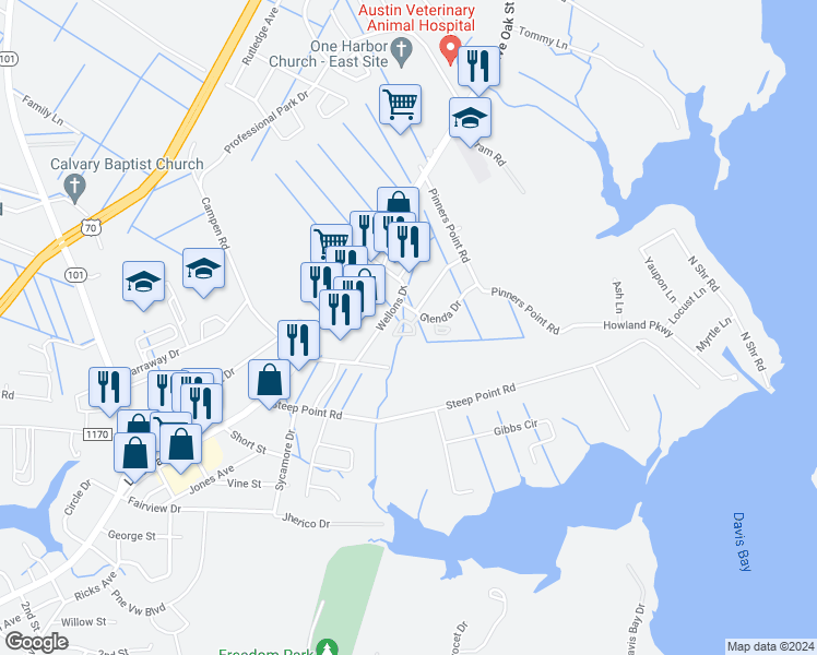 map of restaurants, bars, coffee shops, grocery stores, and more near 201 Glenda Drive in Beaufort