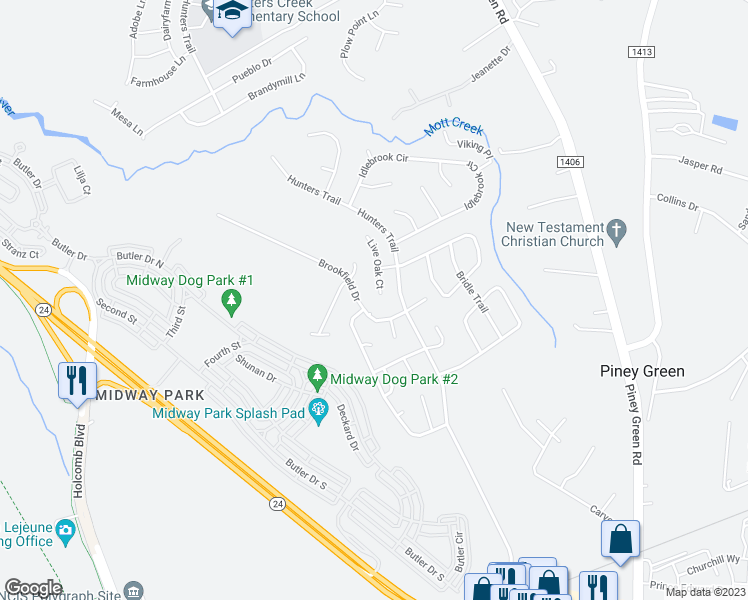 map of restaurants, bars, coffee shops, grocery stores, and more near 120 Live Oak Court in Piney Green