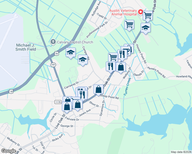 map of restaurants, bars, coffee shops, grocery stores, and more near 103 Campen Road in Beaufort