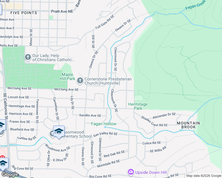 map of restaurants, bars, coffee shops, grocery stores, and more near 812 Cleermont Drive Southeast in Huntsville