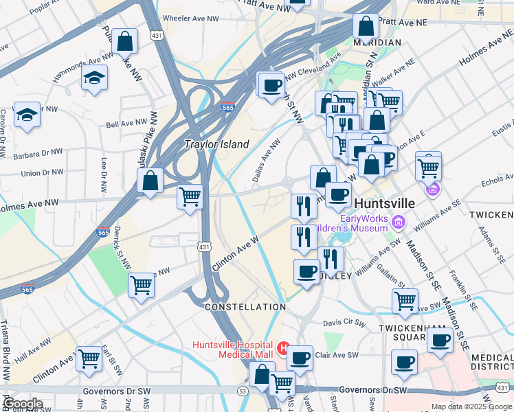 map of restaurants, bars, coffee shops, grocery stores, and more near 101 Pollard Circle Northwest in Huntsville