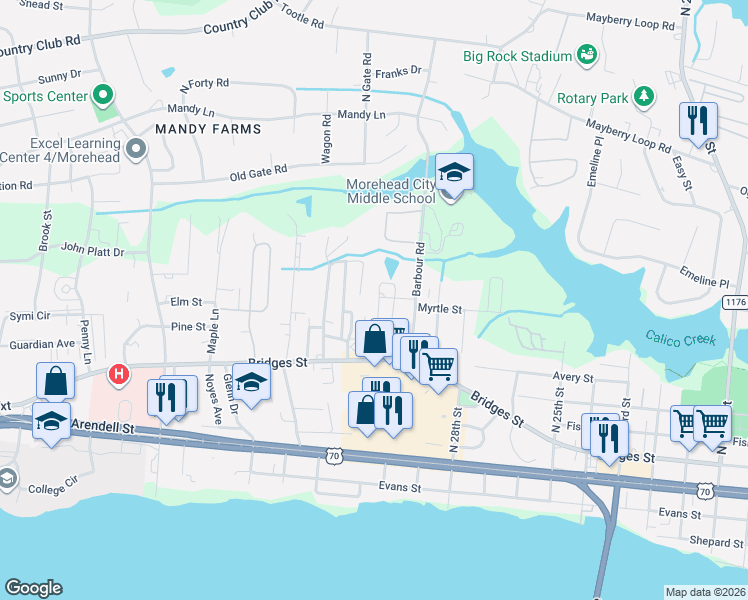 map of restaurants, bars, coffee shops, grocery stores, and more near 303 Barbour Road in Morehead City