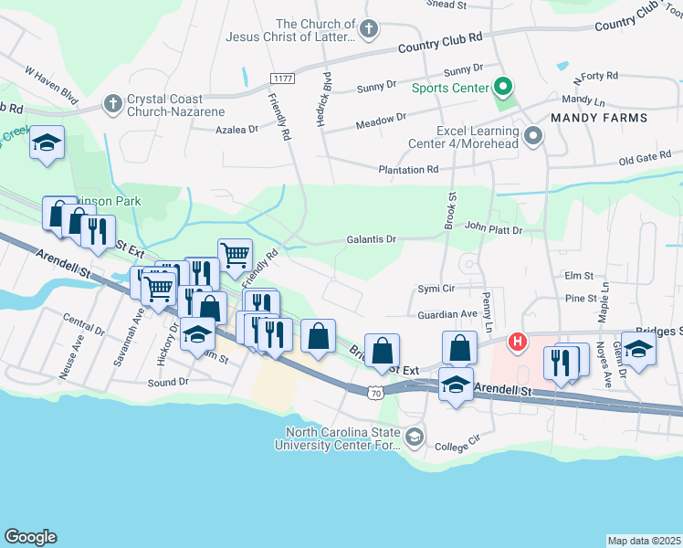 map of restaurants, bars, coffee shops, grocery stores, and more near 316 Friendly Road in Morehead City