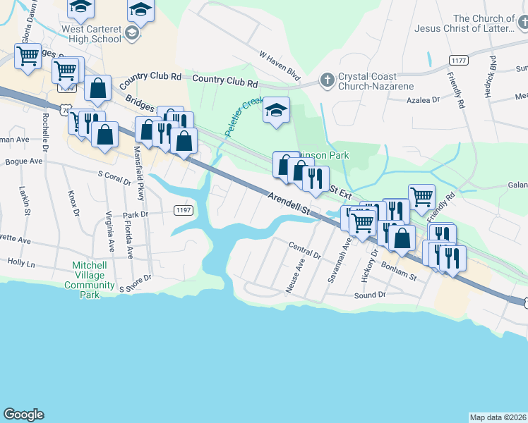 map of restaurants, bars, coffee shops, grocery stores, and more near 108 Lake Avenue in Morehead City