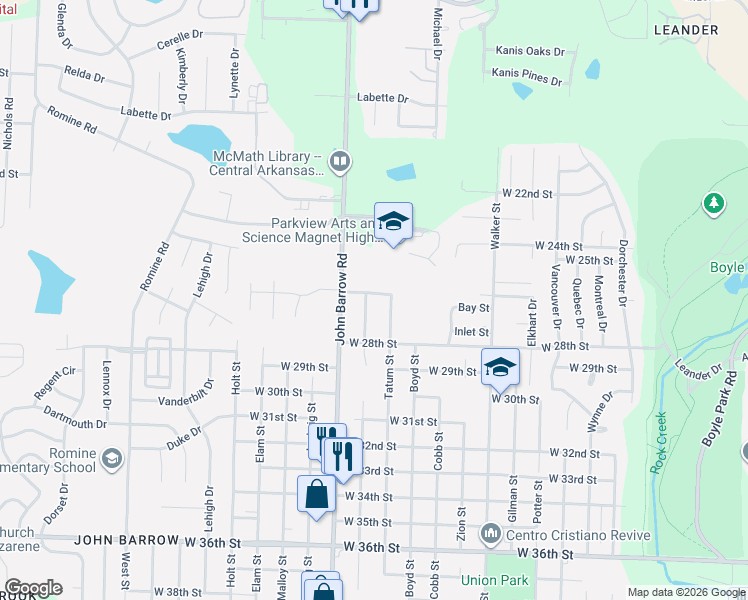 map of restaurants, bars, coffee shops, grocery stores, and more near 2601 Longcoy Street in Little Rock