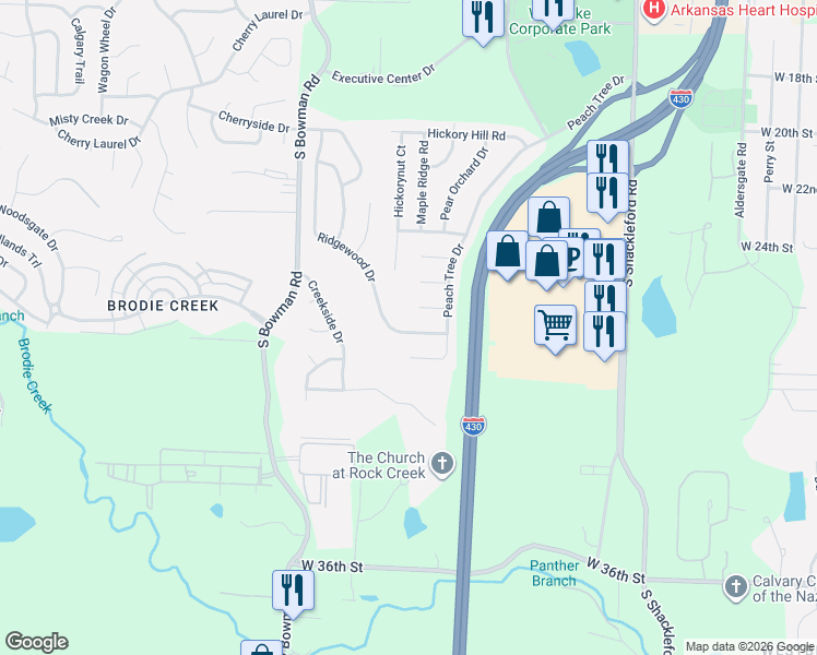map of restaurants, bars, coffee shops, grocery stores, and more near 14020 Ridgewood Drive in Little Rock