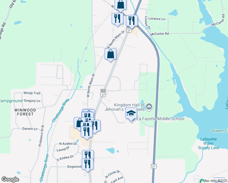 map of restaurants, bars, coffee shops, grocery stores, and more near 102 Stanfield Road in LaFayette