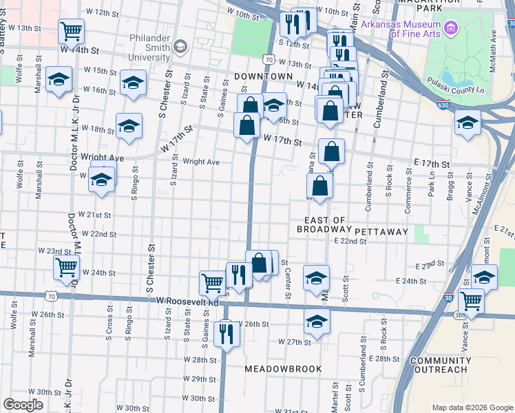 map of restaurants, bars, coffee shops, grocery stores, and more near 2001 Broadway Street in Little Rock