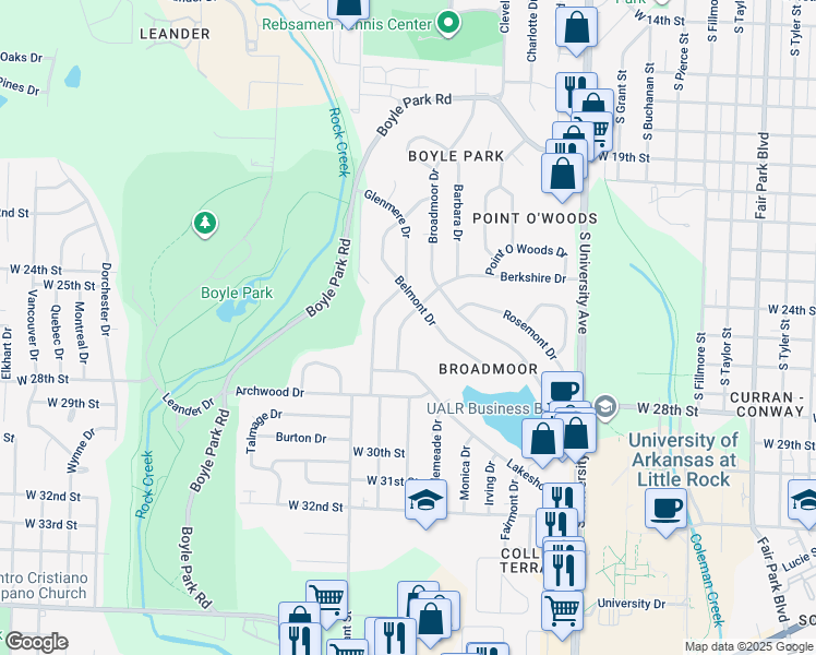 map of restaurants, bars, coffee shops, grocery stores, and more near 14 Berkshire Drive in Little Rock