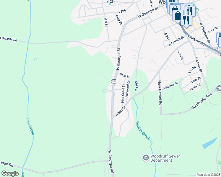 map of restaurants, bars, coffee shops, grocery stores, and more near 1024 West Georgia Road in Woodruff