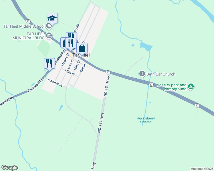 map of restaurants, bars, coffee shops, grocery stores, and more near North Carolina 131 Highway in Tar Heel