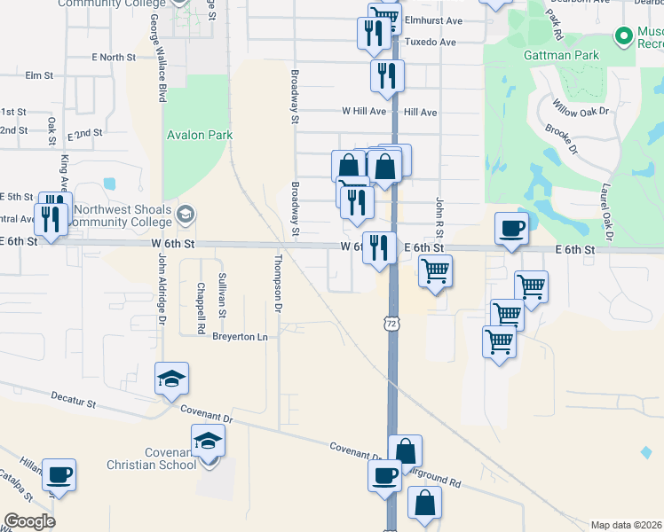 map of restaurants, bars, coffee shops, grocery stores, and more near 3409 Mason Street in Muscle Shoals