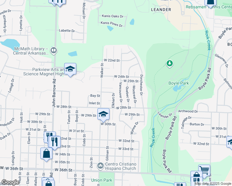 map of restaurants, bars, coffee shops, grocery stores, and more near 2601 Elkhart Drive in Little Rock