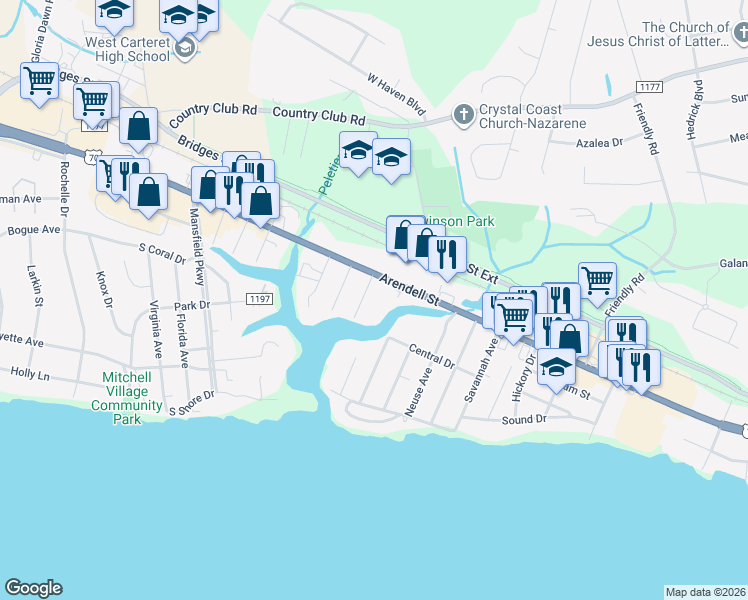 map of restaurants, bars, coffee shops, grocery stores, and more near 4425 Arendell Street in Morehead City